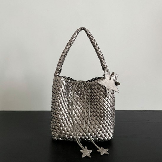 Qiangqiang's Same-Style Luxury Handbag - Handmade Woven Champagne Gold Mini Bucket Bag, Armpit/Shoulder/Handheld Tote Bag