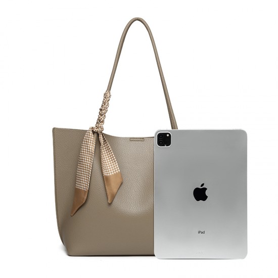 Large Capacity Casual Litchi Grain Women's Bag - 2025 Autumn Winter High-End Tote Bag, Trendy Scarf Accent Single Shoulder Bag