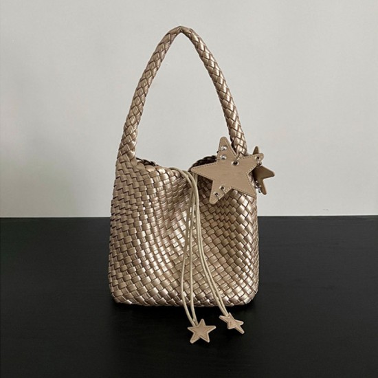 Qiangqiang's Same-Style Luxury Handbag - Handmade Woven Champagne Gold Mini Bucket Bag, Armpit/Shoulder/Handheld Tote Bag