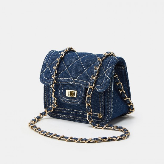Fashionable denim mini bag for women, simple chain square bag, casual shoulder bag, fresh and cute diamond pattern crossbody bag.