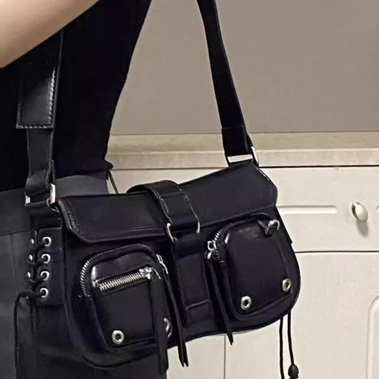 Women's Baguette Bag - Moto-Style Sweet & Edgy Y2K Girly Shoulder/Armpit Bag, Fashion Black Luxury Versatile Niche Crossbody Bag