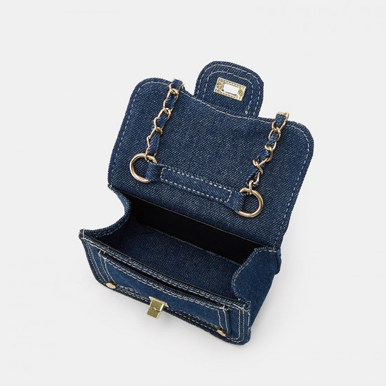 Fashionable denim mini bag for women, simple chain square bag, casual shoulder bag, fresh and cute diamond pattern crossbody bag.